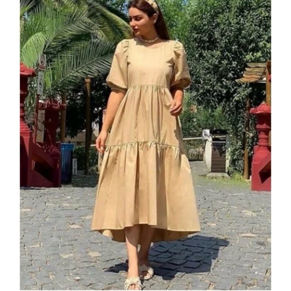 BLOGGERS FAVE Zara Asymmetric Puff Sleeves Tiered Poplin Midi Dress SZ Small - Picture 1 of 16